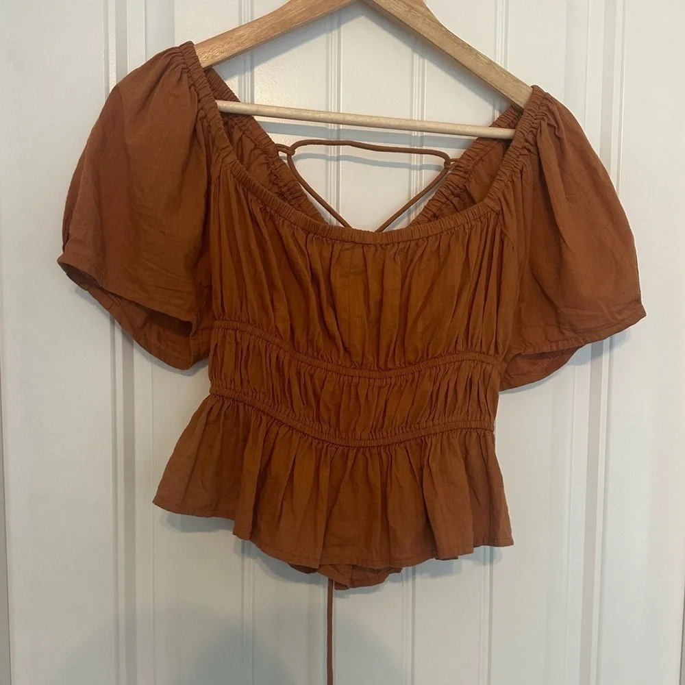 Free People Top Cropped Blouse Lace Up Boho Milkmaid Orange Size Extra Small